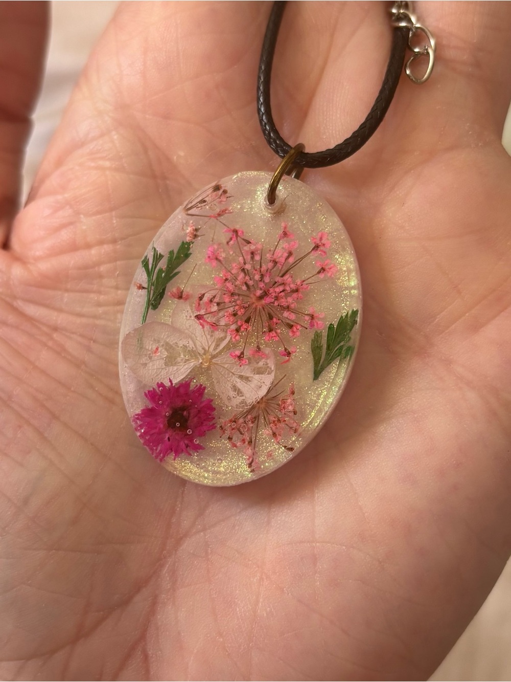 Handcrafted Iridescent Resin Pendant Necklace with Pink Pressed Flowers